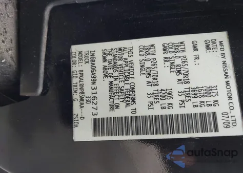 2009 Nissan Titan Xe из США, поврежденный, VIN 1N6BA06A99N316273